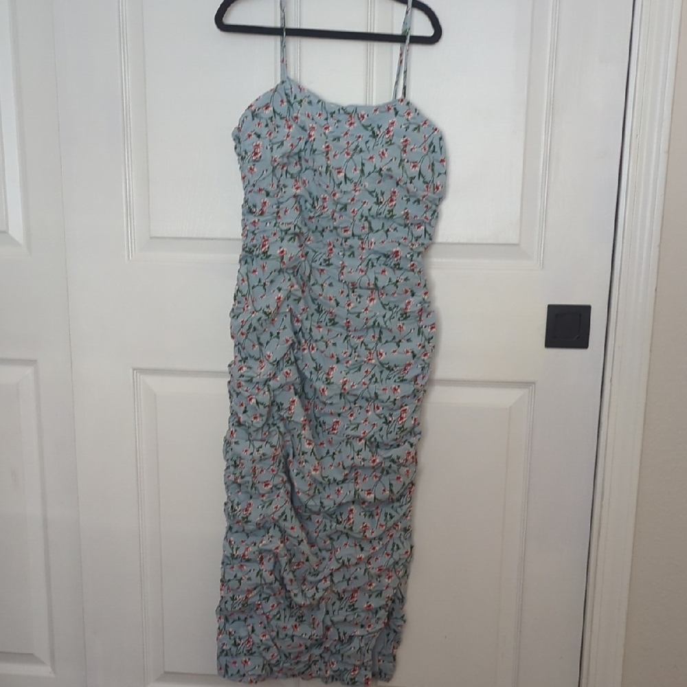 Bardot Light Blue Floral Midi Dress with Red and Green Accents